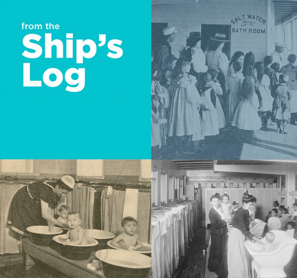 graphic with ship's log logo and three photographs of bathing on the floating hospital ships