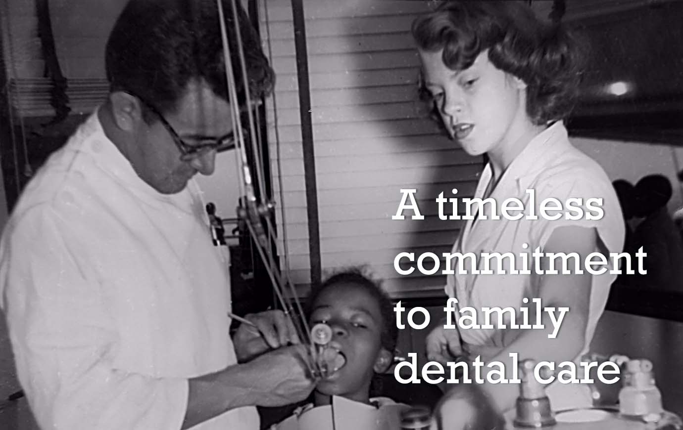 A timeless commitment to family dental care, showing a dentist at work onboard the ship in 1949